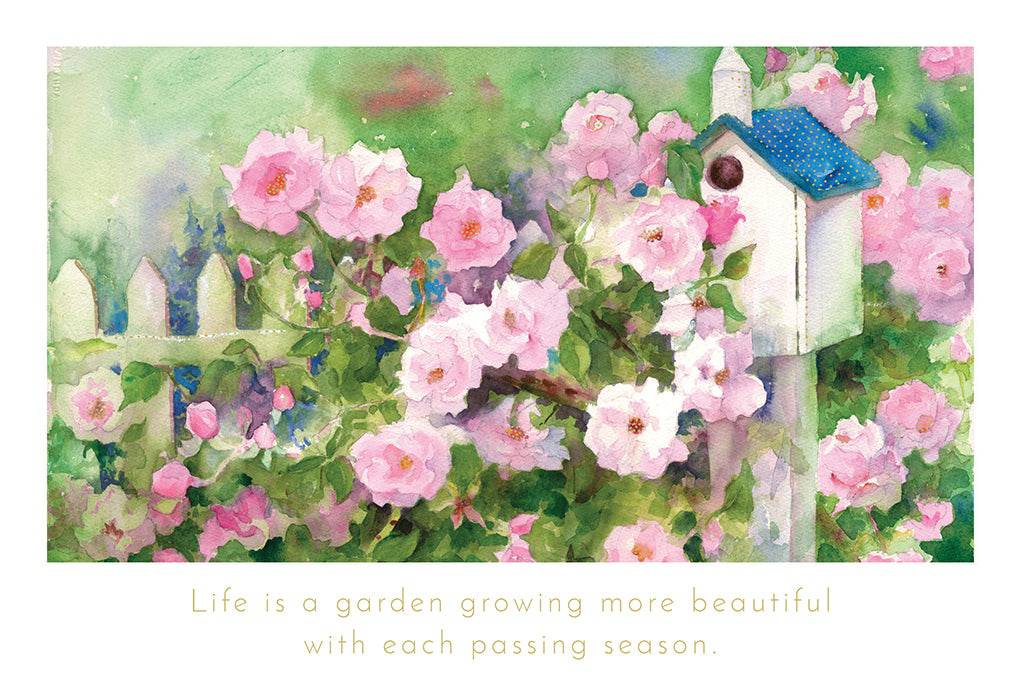 Pictura Roses and Birdhouse birthday card featuring colorful illustrated roses and a charming birdhouse design.